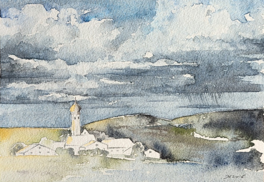 Aquarellbild einer Voralpenlandschaft unter Sturmwolken  
